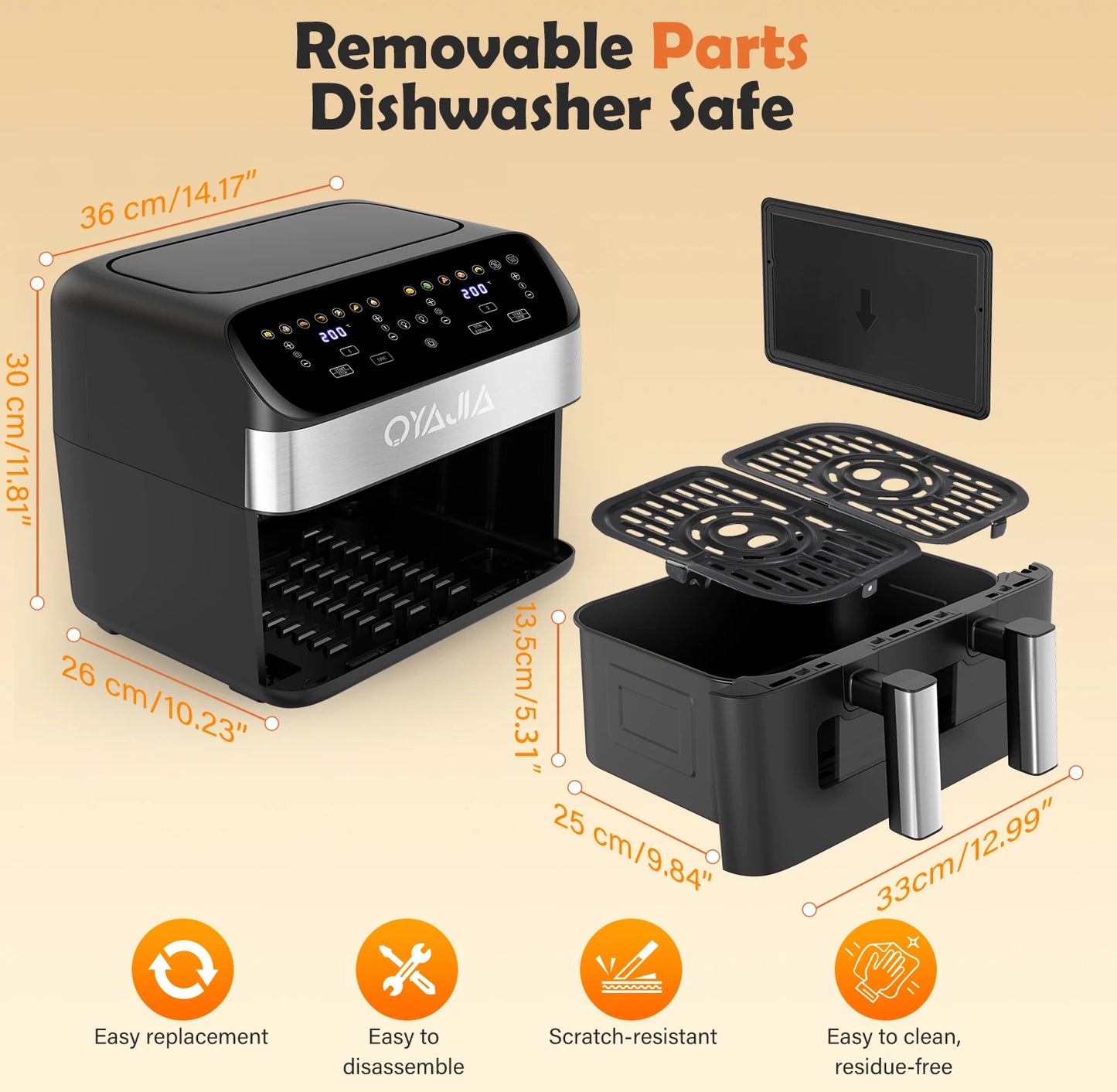 OYAJIA 10L Touch Screen Dual Basket Air Fryer with Viewable Window, 60 Min Timer, 80°C-200°C, 8 Preset Cooking Modes