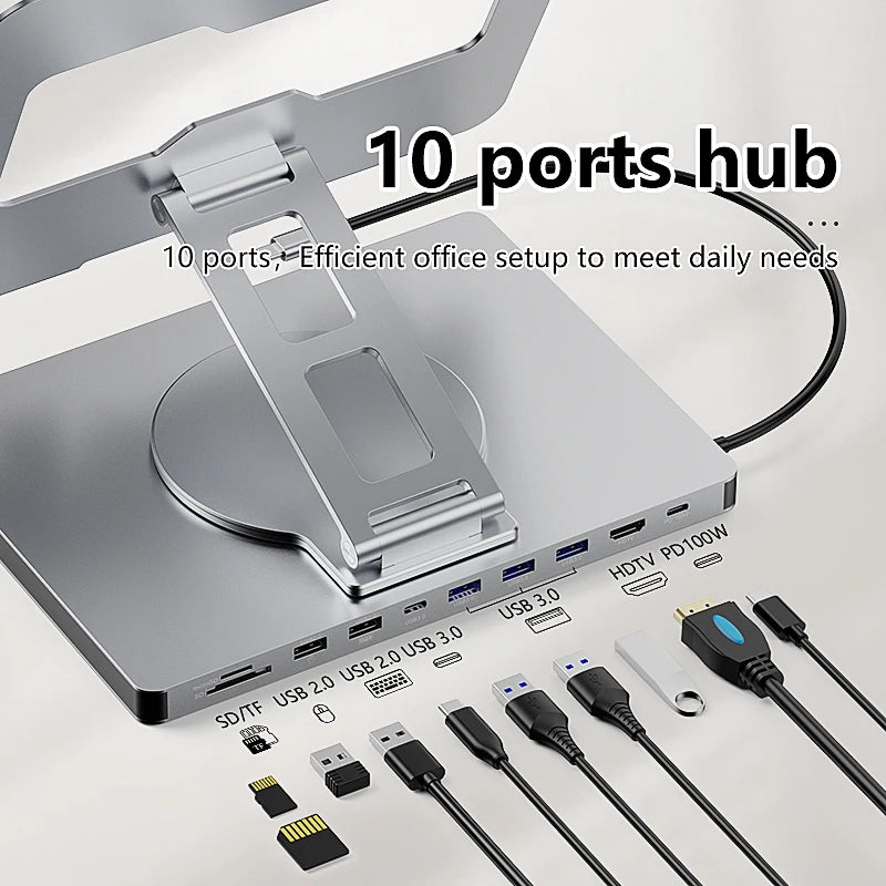 Blueendless Aluminum ipad Holder 10 in 1 docking C hub 4K 60Hz Type C Adapter USB3.0 5Gbps 100W PD Charger For Laptop desktop