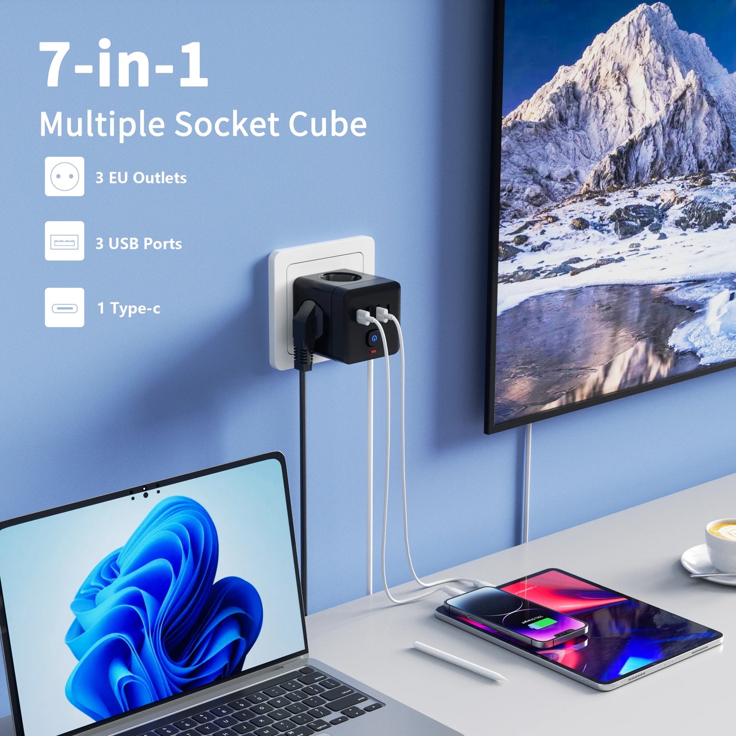 7-in-1 EU Power Strip, Power Strip Surge Protector 3 AC Outlets 3 USB 1 Type-C, Desktop Charging Station With Overload Protecti