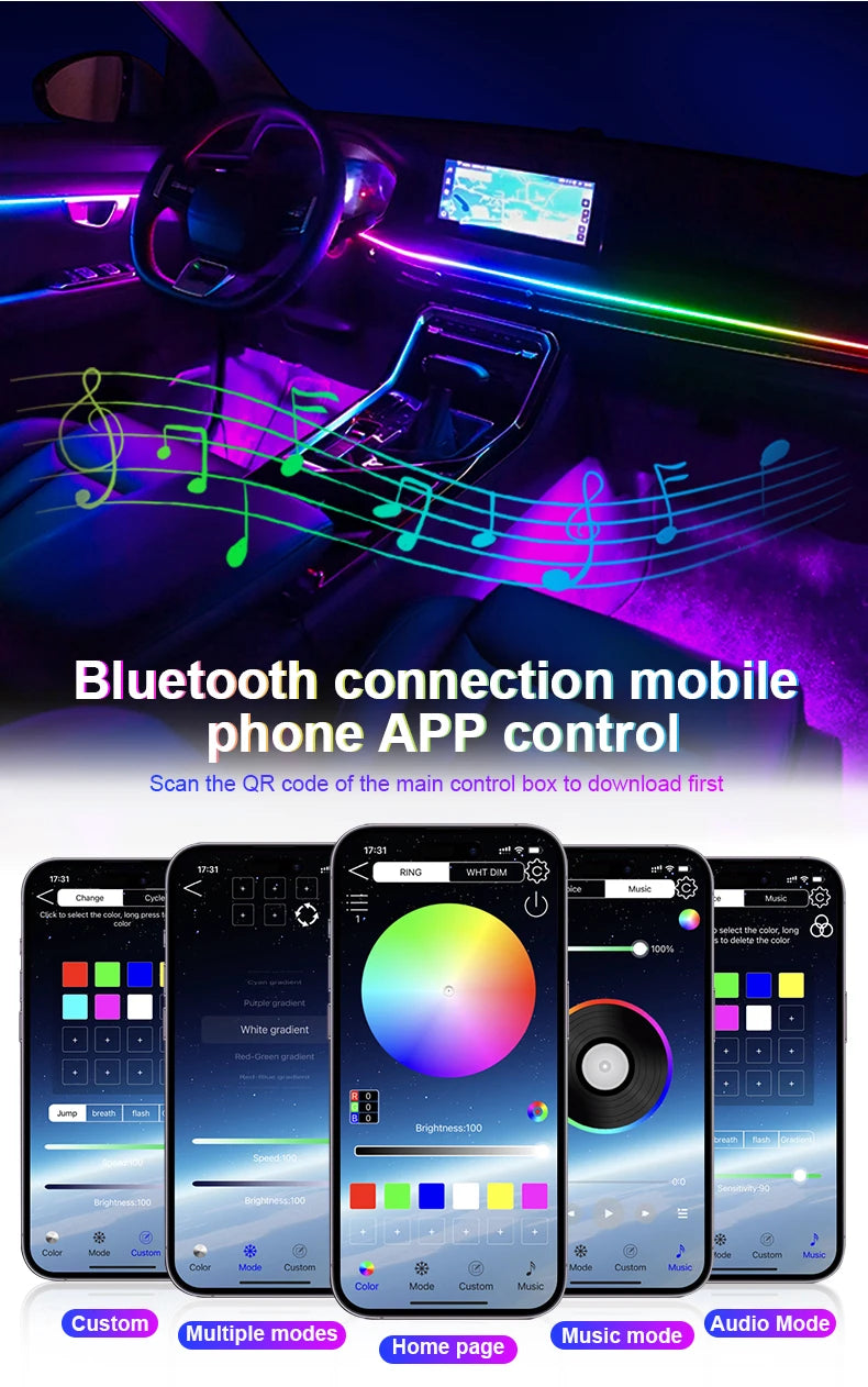 18 in 1 Dual Zone Symphony Streamer Car Ambient Light Interior LED Full Color RGB Neon Acrylic Strip Atmosphere Lighting Kit App