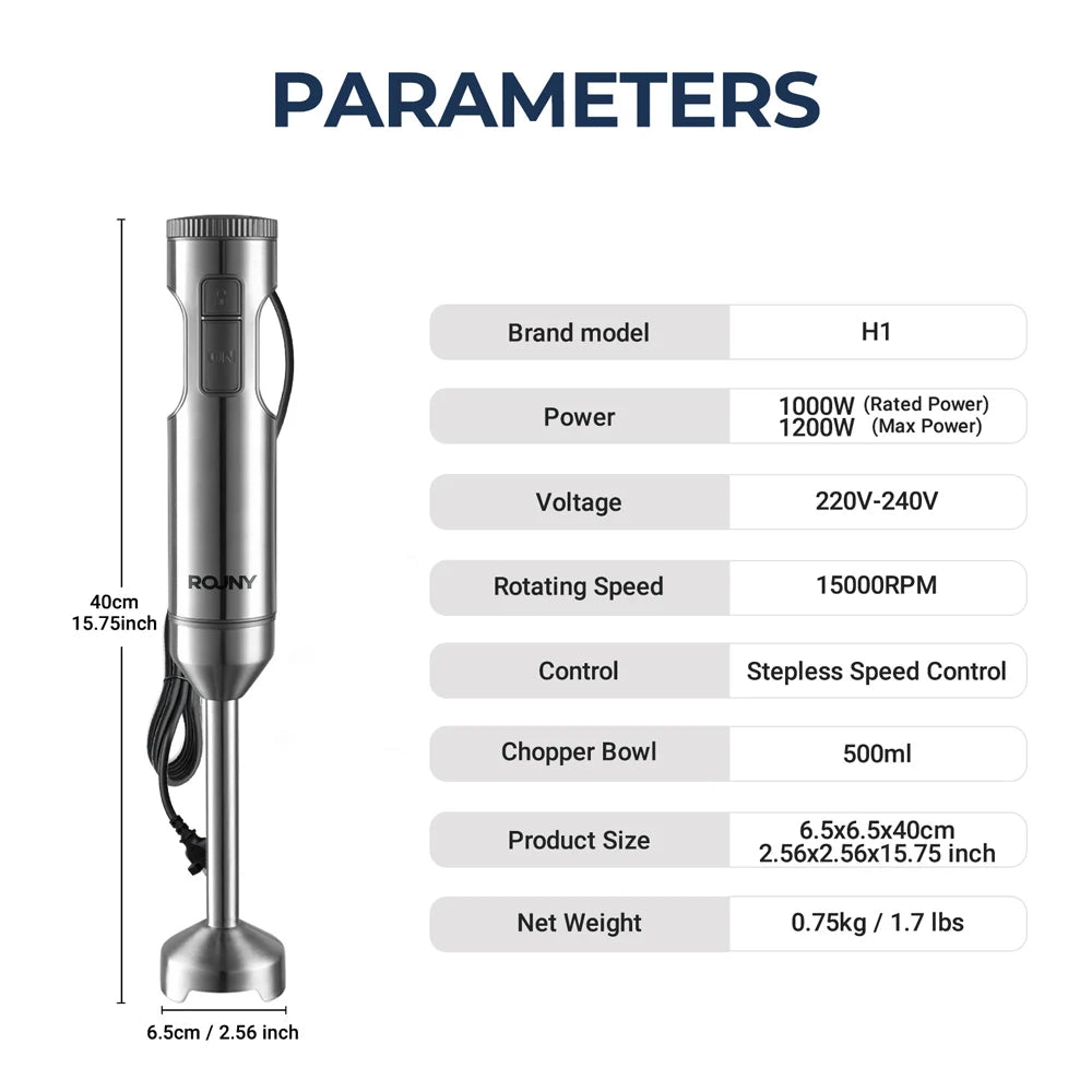 ROUNY 4-in-1 Hand Immersion Blender 1000W Powerful, Stainless Steel Stick Food Mixer,700ml Mixing Beaker,500ml Processor, Whisk