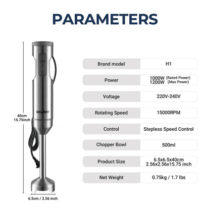 ROUNY 4-in-1 Hand Immersion Blender 1000W Powerful, Stainless Steel Stick Food Mixer,700ml Mixing Beaker,500ml Processor, Whisk