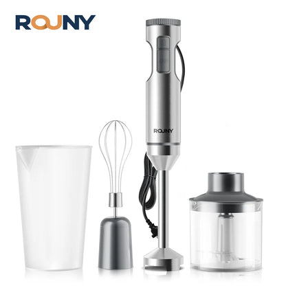 ROUNY 4-in-1 Hand Immersion Blender 1000W Powerful, Stainless Steel Stick Food Mixer,700ml Mixing Beaker,500ml Processor, Whisk