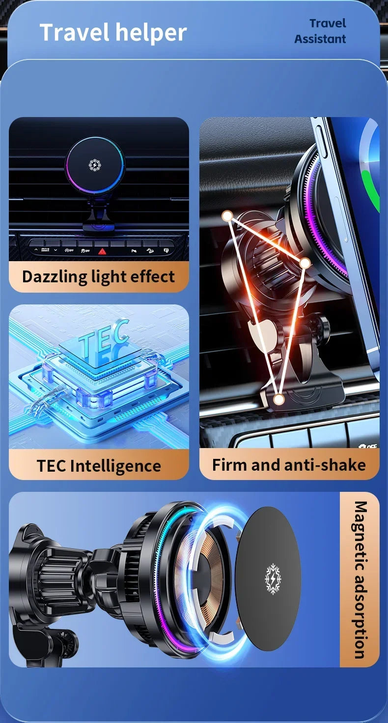 ice Cooling Magnetic Wireless Car Charger Stand for iPhone 16 15 14 13 12 Pro Max MacSafe Car Phone Holder Fast Charging Station