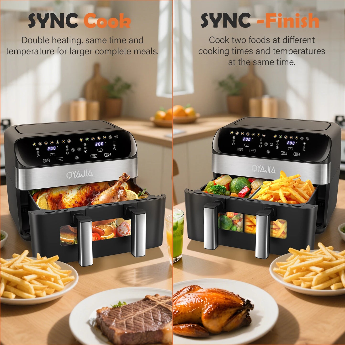 OYAJIA 10L Touch Screen Dual Basket Air Fryer with Viewable Window, 60 Min Timer, 80°C-200°C, 8 Preset Cooking Modes