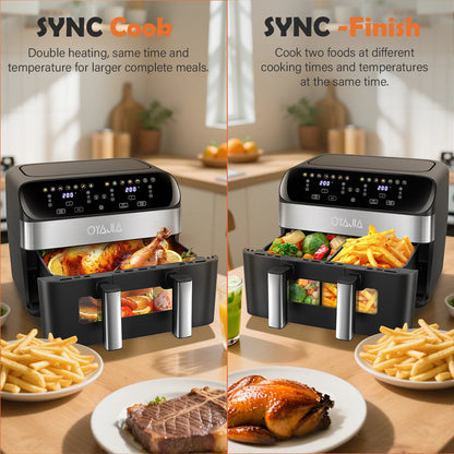 OYAJIA 10L Touch Screen Dual Basket Air Fryer with Viewable Window, 60 Min Timer, 80°C-200°C, 8 Preset Cooking Modes