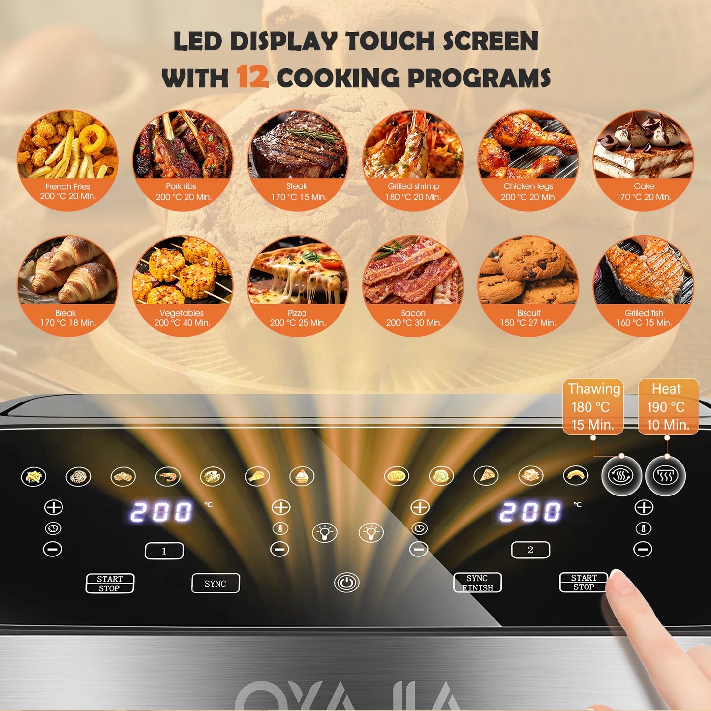 OYAJIA 10L Touch Screen Dual Basket Air Fryer with Viewable Window, 60 Min Timer, 80°C-200°C, 8 Preset Cooking Modes