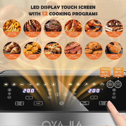 OYAJIA 10L Touch Screen Dual Basket Air Fryer with Viewable Window, 60 Min Timer, 80°C-200°C, 8 Preset Cooking Modes