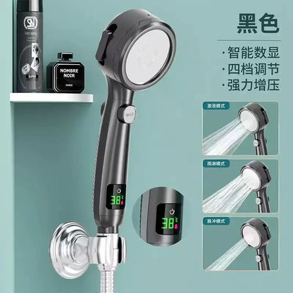 High Pressure Handheld Bathroom Shower Head Water Saving Showerhead Pressurized Adjustable Spray LED Digital Temperature Display