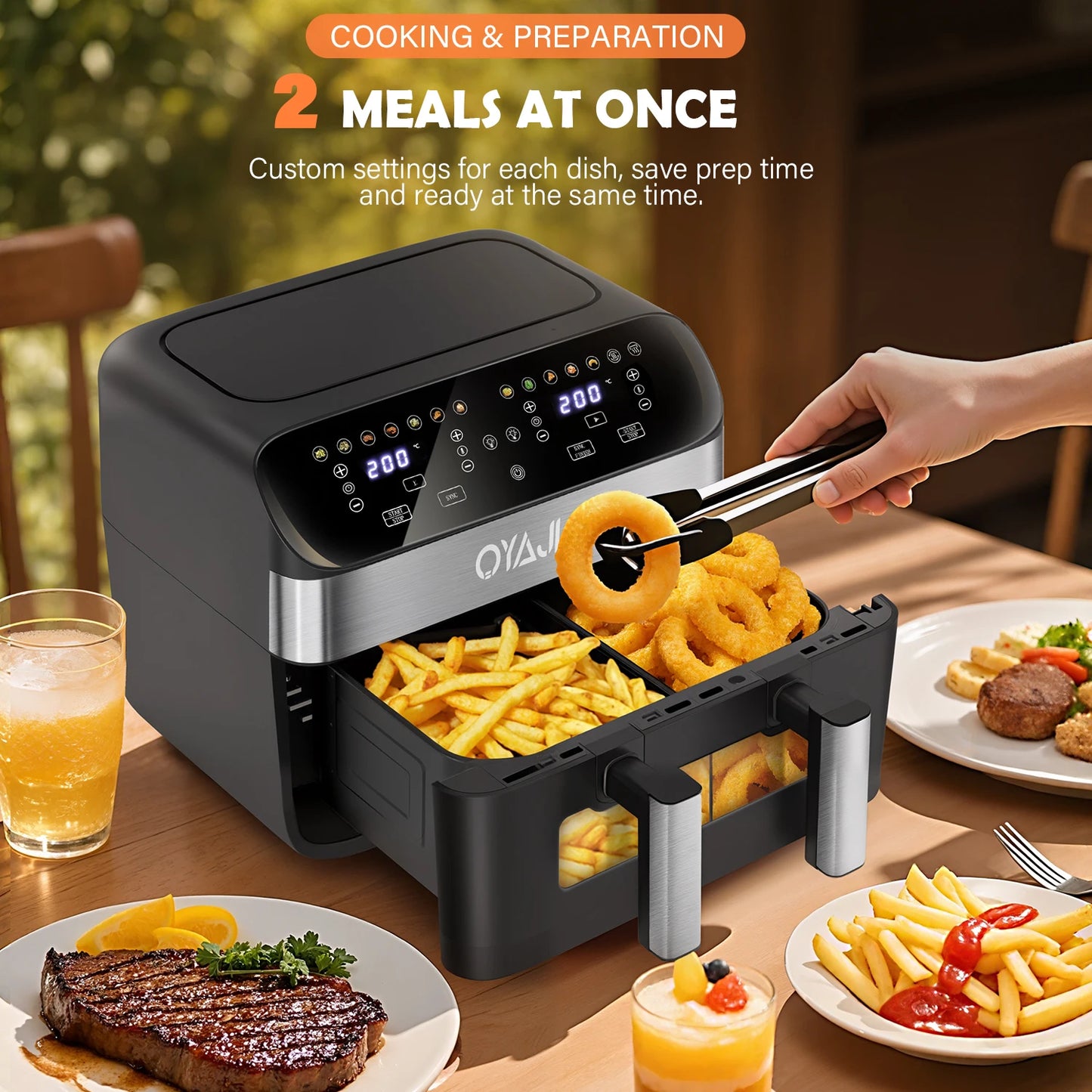 OYAJIA 10L Touch Screen Dual Basket Air Fryer with Viewable Window, 60 Min Timer, 80°C-200°C, 8 Preset Cooking Modes