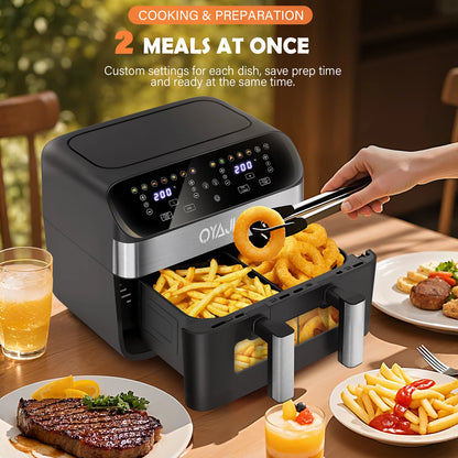 OYAJIA 10L Touch Screen Dual Basket Air Fryer with Viewable Window, 60 Min Timer, 80°C-200°C, 8 Preset Cooking Modes