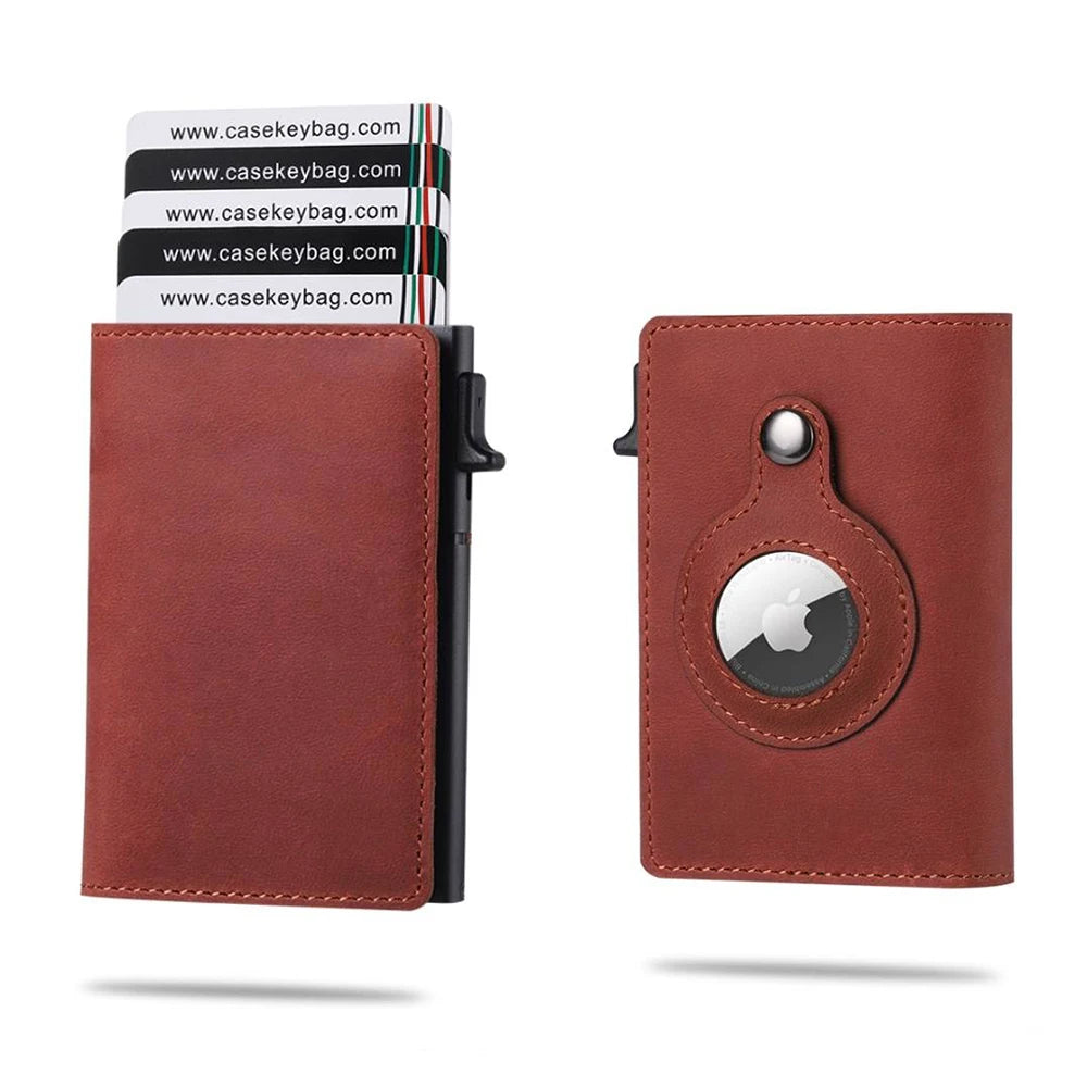 CASEKEY Men Cow Leather Smart Airtag Wallet RFID Crazy Horse Premium Leather Magnetic Closure Pop Up Credit Air Tag Card Holder