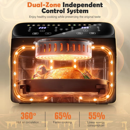 OYAJIA 10L Touch Screen Dual Basket Air Fryer with Viewable Window, 60 Min Timer, 80°C-200°C, 8 Preset Cooking Modes