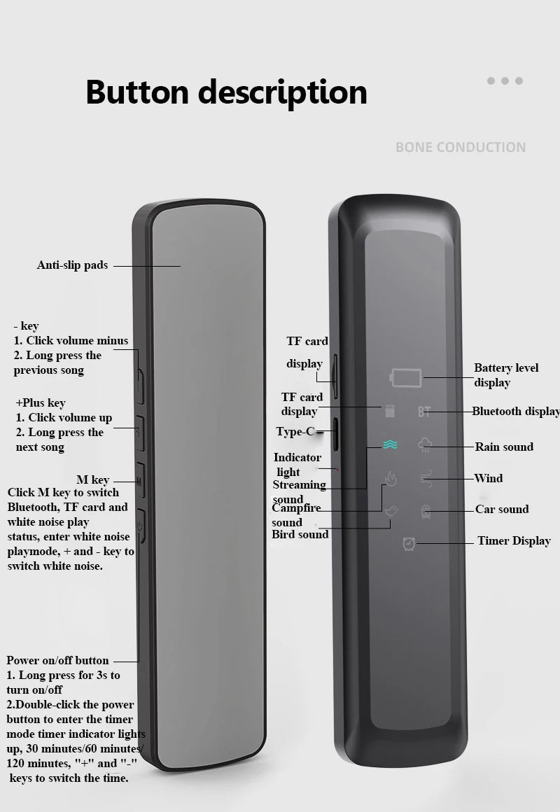 Under Pillow Bone Conduction Bluetooth Speaker White Noise Sleep Aid Soundbar with LED Display Timed Shutdown TF Card Music Play