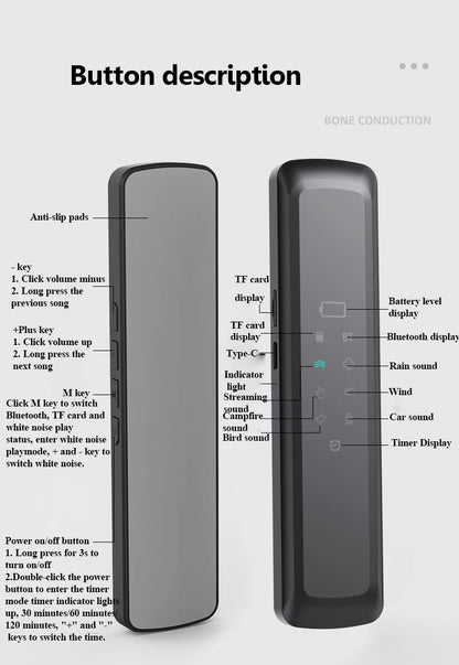 Under Pillow Bone Conduction Bluetooth Speaker White Noise Sleep Aid Soundbar with LED Display Timed Shutdown TF Card Music Play