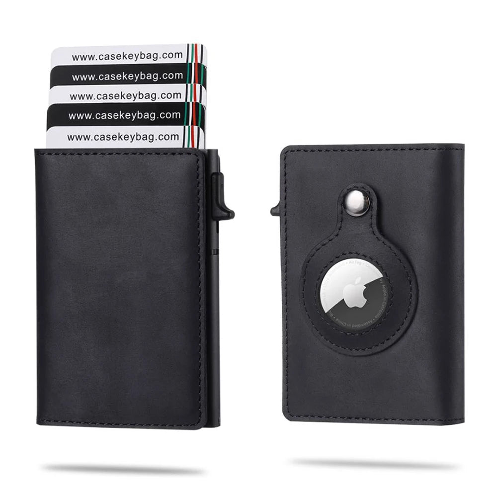 CASEKEY Men Cow Leather Smart Airtag Wallet RFID Crazy Horse Premium Leather Magnetic Closure Pop Up Credit Air Tag Card Holder