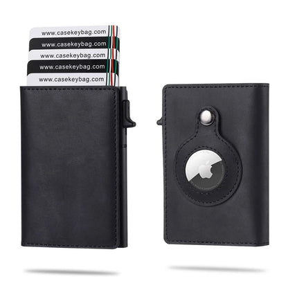 CASEKEY Men Cow Leather Smart Airtag Wallet RFID Crazy Horse Premium Leather Magnetic Closure Pop Up Credit Air Tag Card Holder
