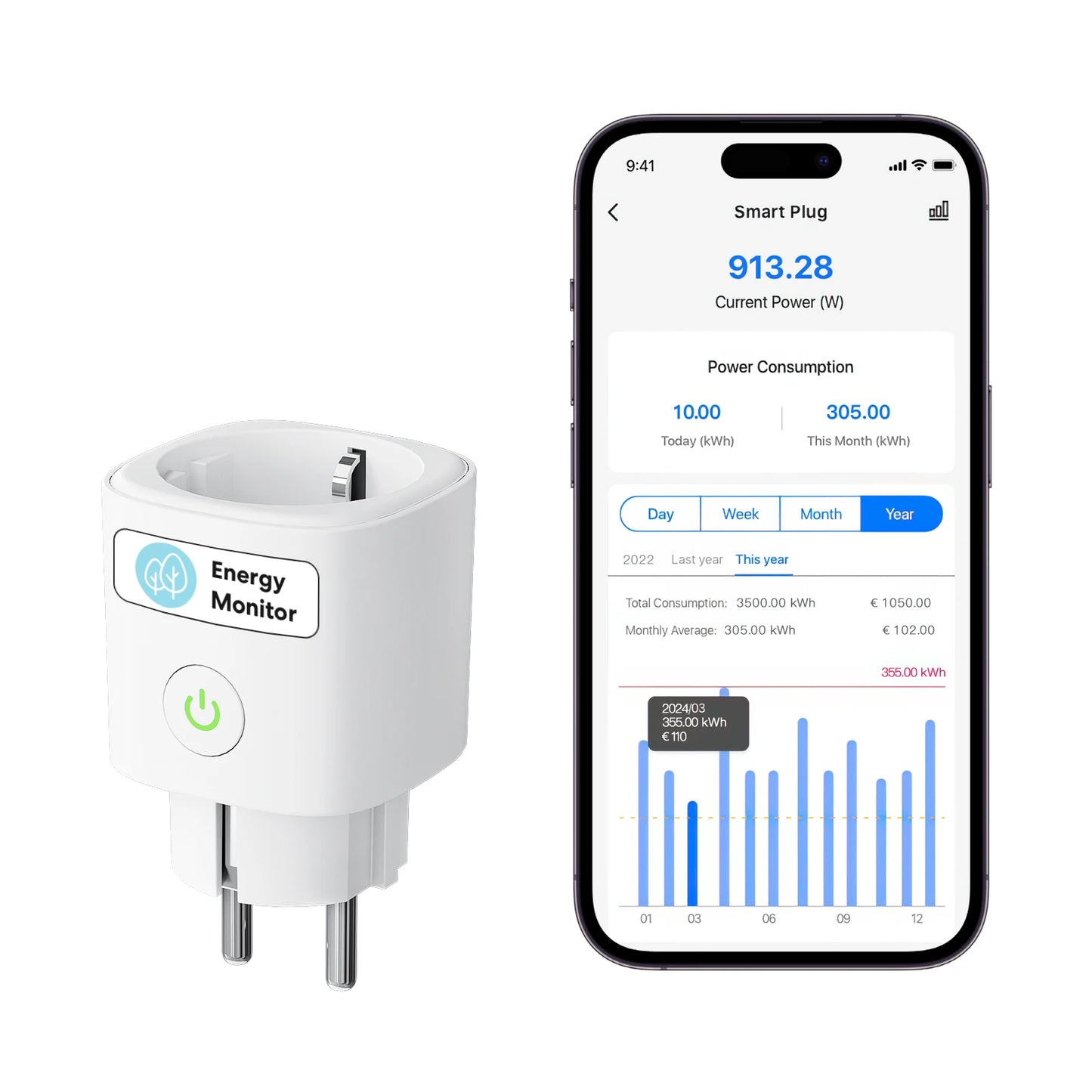 Meross Matter Smart Wi-Fi EU Plug with Energy Monitor Function Work with Apple Homekit Google Home Smartthings Alexa