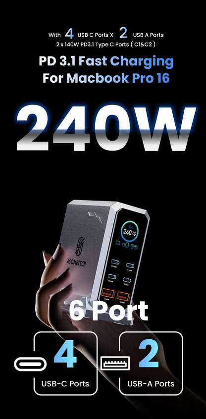 240W GaN Charger PD3.1 140W USB Type C 6 Ports PPS PD Desktop Fast Charging Station for MacBook Laptops Tablet iPhone Samsung