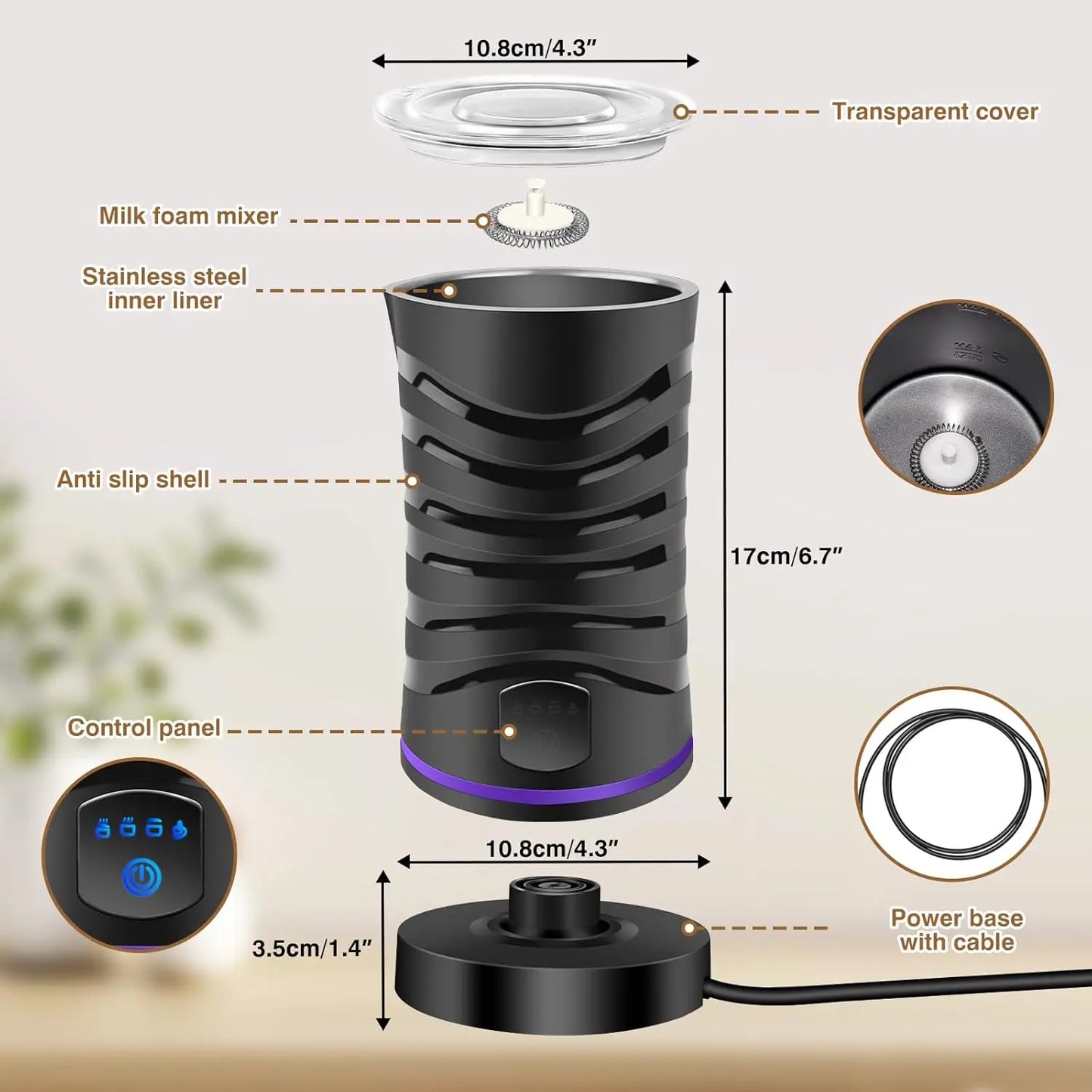 Milk Frother 4-in-1 Electric Milk Frother w/4 Modes Electric Milk Frother for Cappuccino, Latte, Mocha, Macchiato, Hot Chocolate