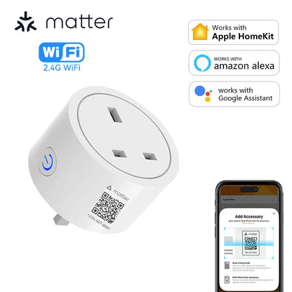 Matter Smart Socket UK WiFi Smart Plug 16A Mini Home Appliance Outlet Voice App Control Work with Alexa Google Home HomeKit Siri