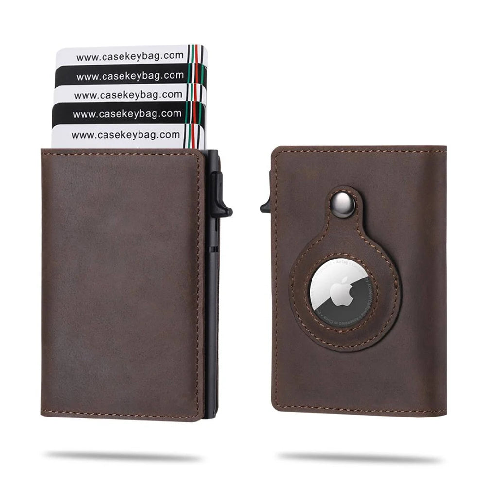 CASEKEY Men Cow Leather Smart Airtag Wallet RFID Crazy Horse Premium Leather Magnetic Closure Pop Up Credit Air Tag Card Holder