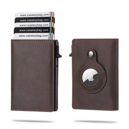 CASEKEY Men Cow Leather Smart Airtag Wallet RFID Crazy Horse Premium Leather Magnetic Closure Pop Up Credit Air Tag Card Holder