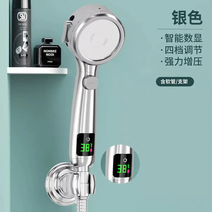 High Pressure Handheld Bathroom Shower Head Water Saving Showerhead Pressurized Adjustable Spray LED Digital Temperature Display