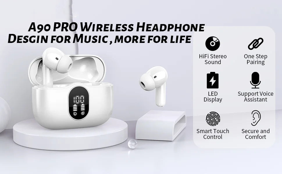 Wireless Earbuds with Bluetooth 5.3, In-Ear Headphones Featuring 4 ENC Mics and 36 Hours of Playtime, LED Display Included.