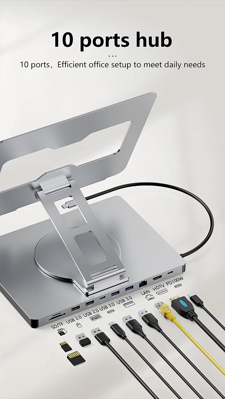 Blueendless Aluminum ipad Holder 10 in 1 docking C hub 4K 60Hz Type C Adapter USB3.0 5Gbps 100W PD Charger For Laptop desktop
