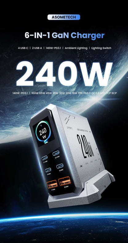 240W GaN Charger PD3.1 140W USB Type C 6 Ports PPS PD Desktop Fast Charging Station for MacBook Laptops Tablet iPhone Samsung