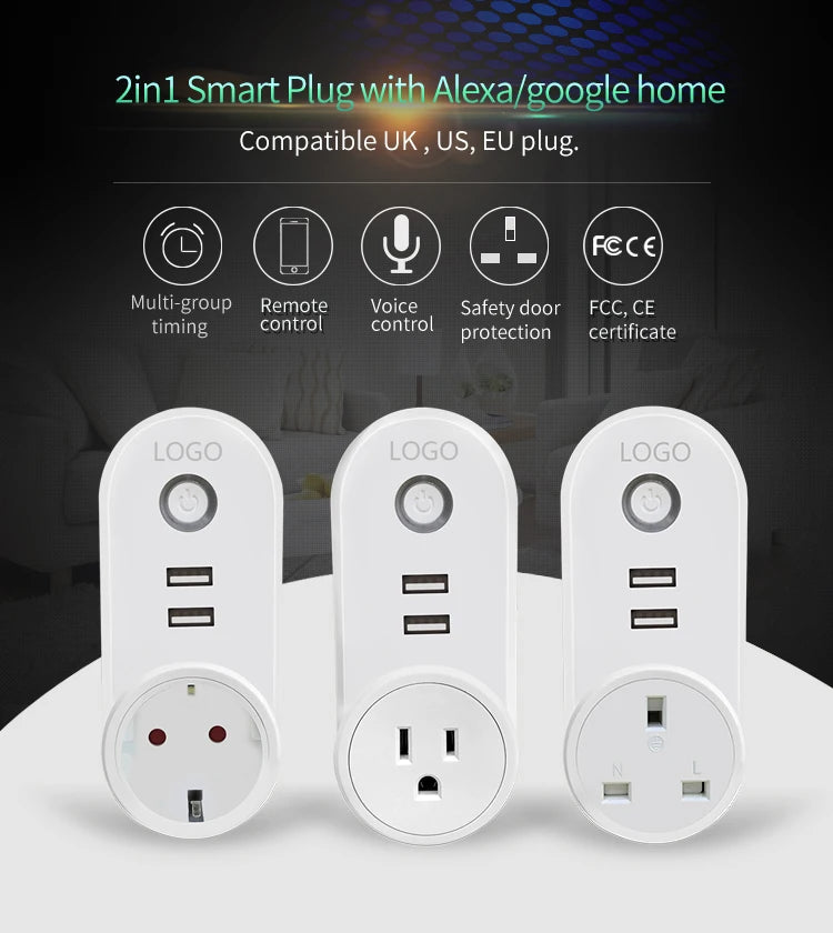 WiFi Smart Power Plug Adapter Electrical Outlet EU US AU UK GE Socket USB Time Remote Control by Smartlife App Alexa Google Home