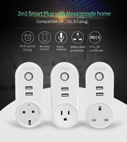 WiFi Smart Power Plug Adapter Electrical Outlet EU US AU UK GE Socket USB Time Remote Control by Smartlife App Alexa Google Home