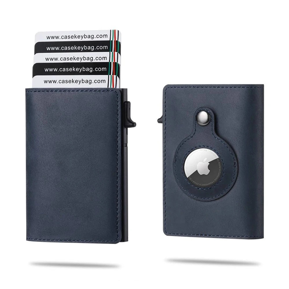 CASEKEY Men Cow Leather Smart Airtag Wallet RFID Crazy Horse Premium Leather Magnetic Closure Pop Up Credit Air Tag Card Holder