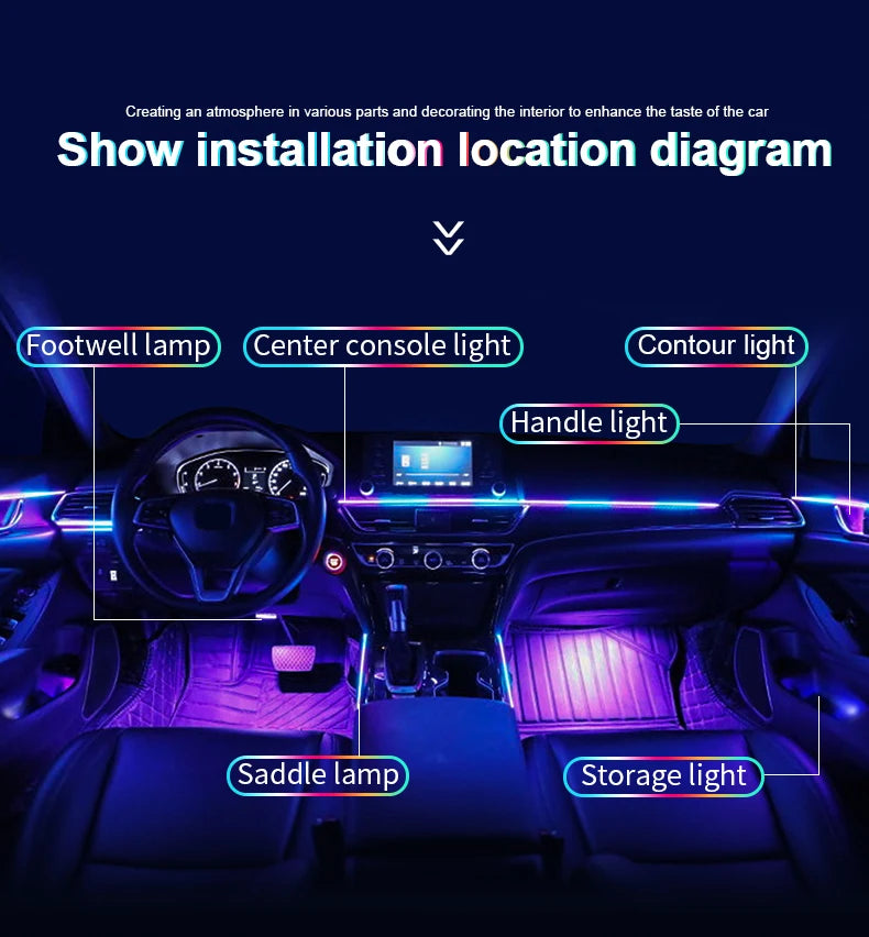 18 in 1 Dual Zone Symphony Streamer Car Ambient Light Interior LED Full Color RGB Neon Acrylic Strip Atmosphere Lighting Kit App