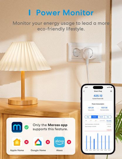 Meross Matter Smart Wi-Fi EU Plug with Energy Monitor Function Work with Apple Homekit Google Home Smartthings Alexa