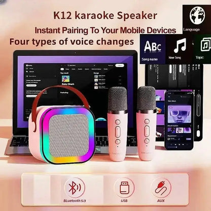 K12 Wireless Bluetooth Speaker with 2 Microphone RGB Portable Music Player Karaoke Machine for  Family Singing Children's Gifts