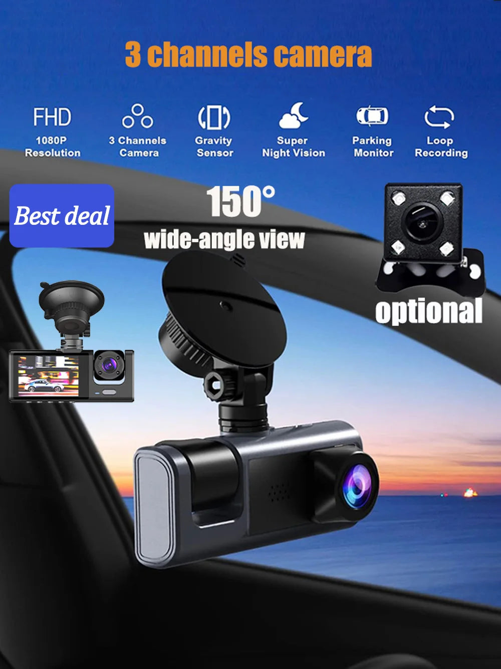 1080P Car Dvr 2/3 Camra Dash Cam for Cars Camera for Vehicle Recorder Video Front Optional Rear Camera  Night Vision Dashcam