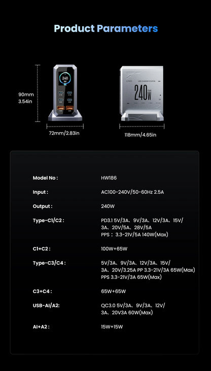 240W GaN Charger PD3.1 140W USB Type C 6 Ports PPS PD Desktop Fast Charging Station for MacBook Laptops Tablet iPhone Samsung