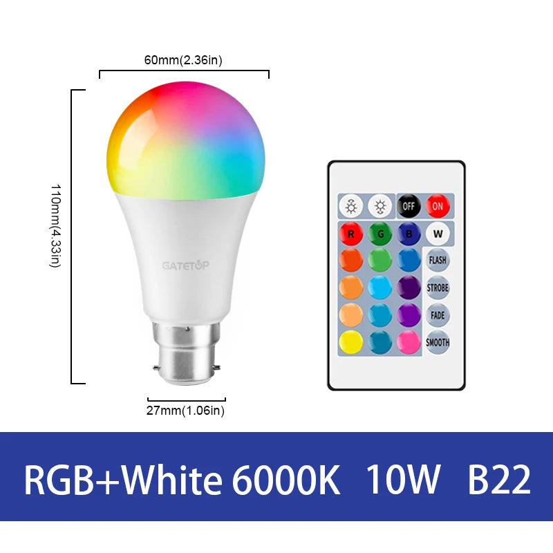 LED RGB Lamp Spotlight Bulb E27 E14 GU10 B22 AC120V 230V Bombillas LED 6W 10W IR Remote Control Led Smart RGBW Lamp Home Decor