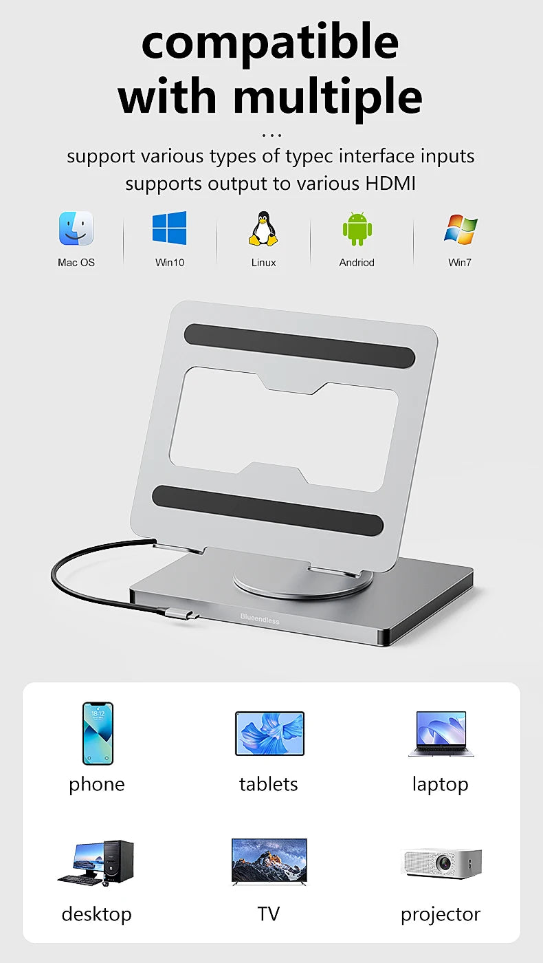 Blueendless Aluminum ipad Holder 10 in 1 docking C hub 4K 60Hz Type C Adapter USB3.0 5Gbps 100W PD Charger For Laptop desktop