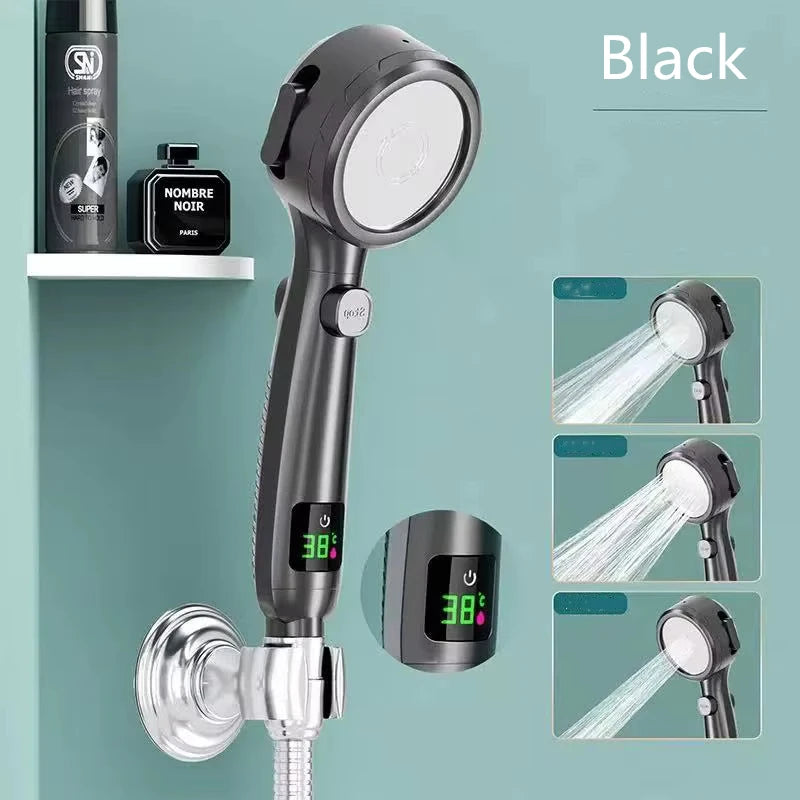 High Pressure Handheld Bathroom Shower Head Water Saving Showerhead Pressurized Adjustable Spray LED Digital Temperature Display
