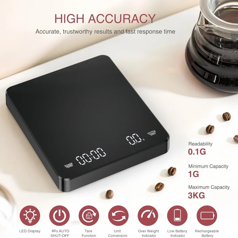High-precision Electronic Coffee Scale with Waterproof Pad LED Display USB Timing Professional Home Coffee Accessories 3kg/0.1g