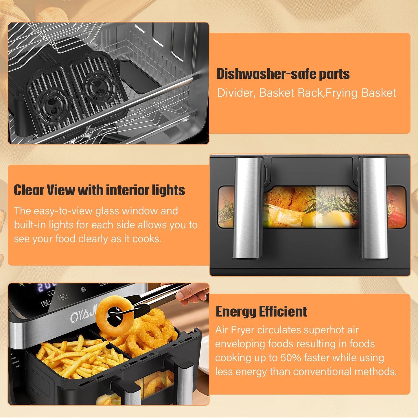 OYAJIA 10L Touch Screen Dual Basket Air Fryer with Viewable Window, 60 Min Timer, 80°C-200°C, 8 Preset Cooking Modes