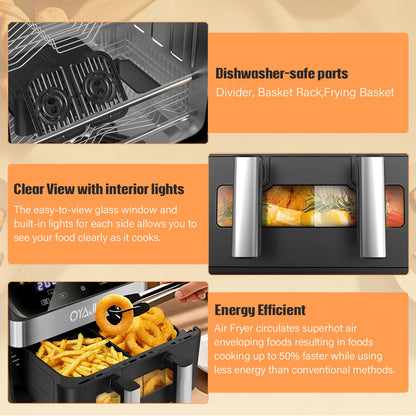OYAJIA 10L Touch Screen Dual Basket Air Fryer with Viewable Window, 60 Min Timer, 80°C-200°C, 8 Preset Cooking Modes