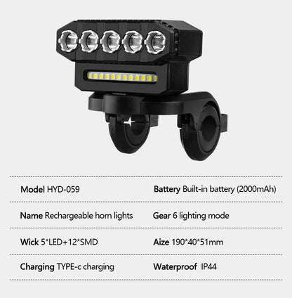 5/8 LED Bicycle Front Light USB Rechargeable 130dB Cycling Bike Horn Easy to Install 6 Modes Bicycle Bell Light