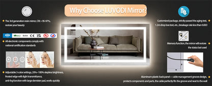 XXL Bathroom Mirror Smart LED Vanity Mirror Wall Mounted with Bluetooth, Digital Display, Back Front Lit,Anti Fog for Hotel Hall