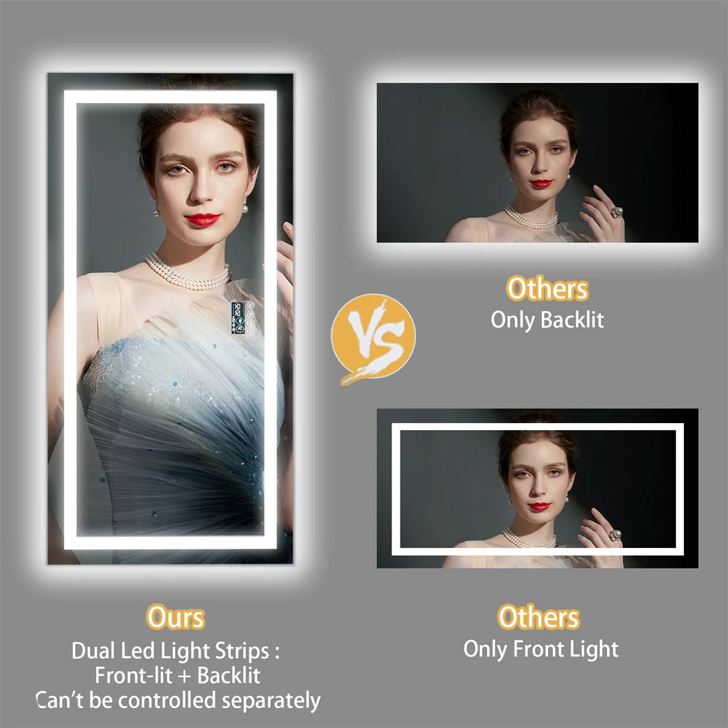 XXL Bathroom Mirror Smart LED Vanity Mirror Wall Mounted with Bluetooth, Digital Display, Back Front Lit,Anti Fog for Hotel Hall