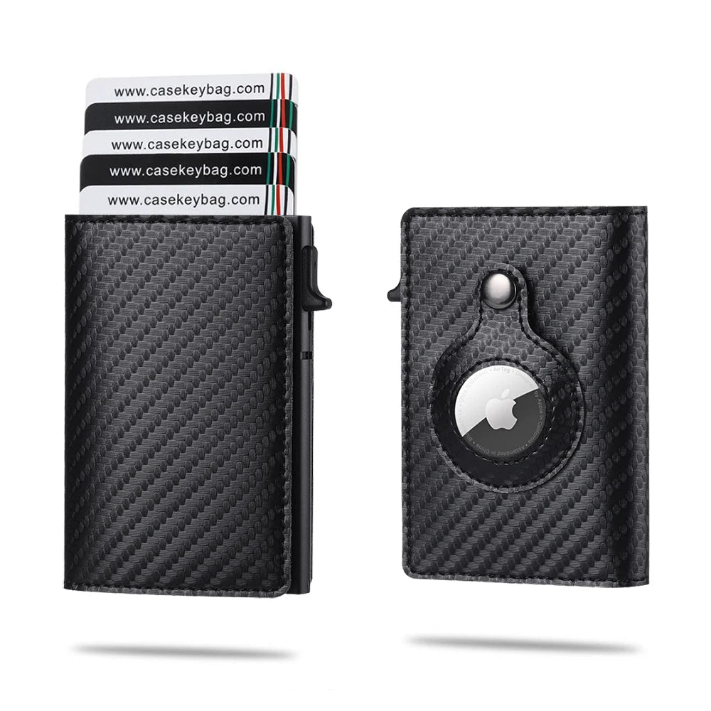 CASEKEY Men Cow Leather Smart Airtag Wallet RFID Crazy Horse Premium Leather Magnetic Closure Pop Up Credit Air Tag Card Holder