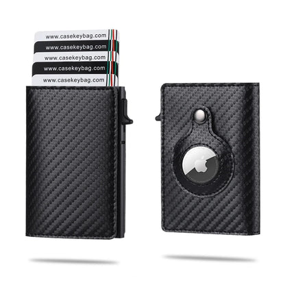 CASEKEY Men Cow Leather Smart Airtag Wallet RFID Crazy Horse Premium Leather Magnetic Closure Pop Up Credit Air Tag Card Holder